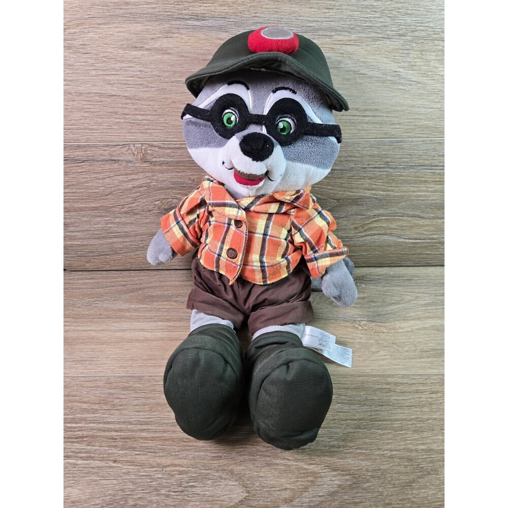 Great Wolf Lodge Oliver Raccoon plush wearing a hiking Mining outfit with hat